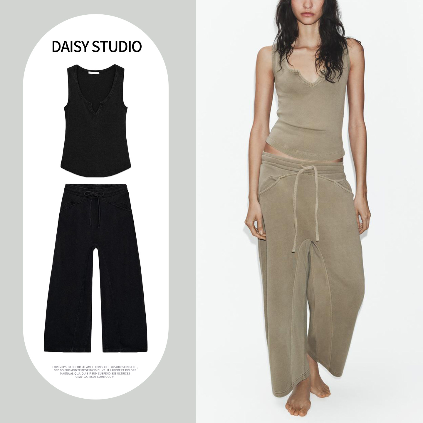 Wash Effect Set - Washed Effect round Neck Sleeveless Top